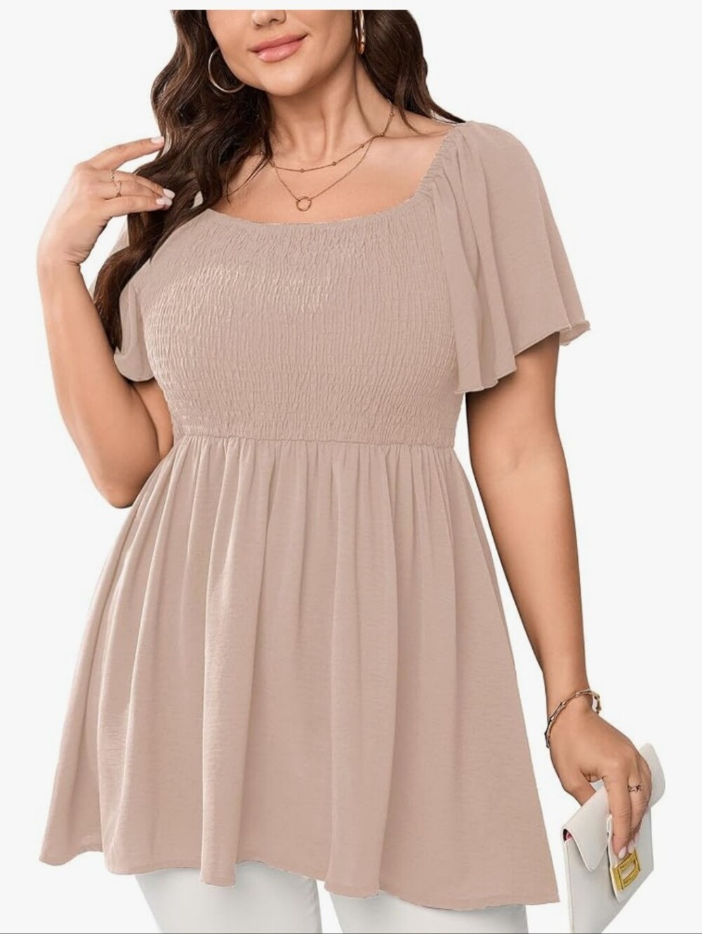 Plus Size Square Neck Flutter Sleeve Top in Taupe Gorgeous Smock Top